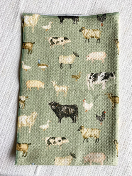 Barnyard Animals in Mint Waffle Kitchen Towel